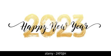 Handbeschriftetem 2023-Nummern-Schriftzug. Text für „Happy New Year“. Effekt mit trockener Pinselstruktur. Frohe Weihnachten. Vektorgrafik Stock Vektor