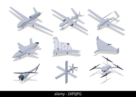 Isometrische Streumunition. Kamikaze Drohnen-Angriff. Unbemannte Militärtechnik. Militärische Drohne isoliert auf weißem Hintergrund Stock Vektor