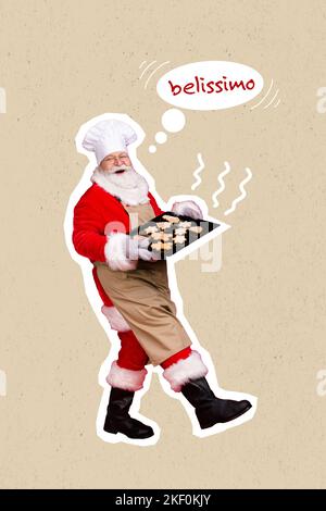 Vertikale kreative Collage Bild von funky Großvater santa Walk halten lecker Neujahr Cookie Tablett belissimo isoliert auf Zeichnung Hintergrund Stockfoto