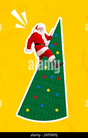 Vertikale kreative Collage von aufgeregt funky Großvater santa klettern Neujahr dekorierten Baum auf gelbem Hintergrund isoliert Stockfoto