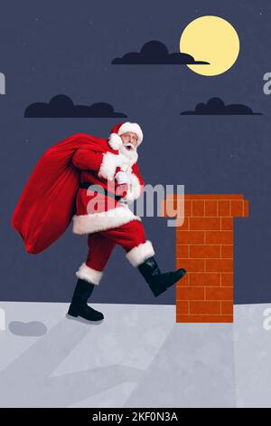 Vertikale Collage Bild von staunenden funky Großvater santa Fuß Hausdach tragen große Präsenttasche isoliert auf kreative Mitternacht Hintergrund Stockfoto