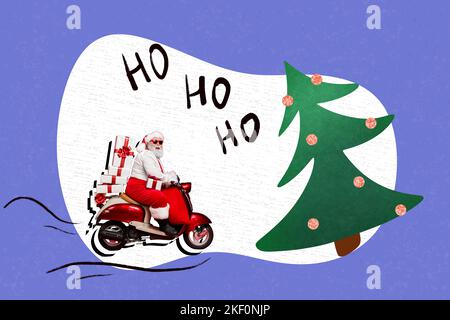 Kreative Fotocollage Illustration von lustigen positiv aufgeregt optimistisch santa fahren Roller liefern Geschenke auf blauem Hintergrund Stockfoto