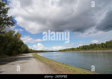 Kembs in Frankreich, eine Kurve des Rheins in der Nähe des Wasserkraftprojekts Kembs, beobachtet vom Ufer bedeckt mit Gras unter Wolken. Stockfoto