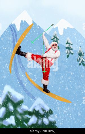 Vertikale kreative Fotocollage Illustration von lustigen positiven sorglosen guten Laune weihnachtsmann Skigebiet Berge auf Hintergrund Stockfoto
