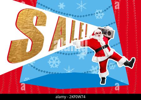 Collage 3D Bild von Pinup Pop retro Skizze funky santa Ankündigung Weihnachten Verkauf Boom Box isoliert Malerei Hintergrund Stockfoto
