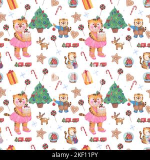 Aquarell handbemalt nahtloses Muster mit Weihnachtsbaum, Tiger, Geschenke, Schneeflocken, Lutscher. Symbol des neuen Jahres Stockfoto