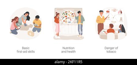 Lehre gesunden Lebensstil isoliert Cartoon Vektor Illustration set. Erste-Hilfe-Unterricht, Unterrichten von Ernährung und Gesundheit in der Schule, Gefahr von Tabak, ungesunde Gewohnheiten Sensibilisierungsvektor Karikatur. Stock Vektor