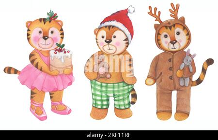 Niedliche Cartoon Weihnachten Tiger. Weihnachtsbaum, Geschenke - Aquarell Illustrationen Kollektion. Das Symbol des neuen Jahres des chinesischen Kalenders. Stockfoto