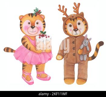 Niedliche Cartoon Weihnachten Tiger. Weihnachtsbaum, Geschenke - Aquarell Illustrationen Kollektion. Das Symbol des neuen Jahres des chinesischen Kalenders. Stockfoto