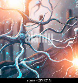 Mikroskopische Ansicht der Synapsen. Gehirnverbindungen. Neuronen und Synapsen. Kommunikation und Hirnstimulus. Neuronale Netzschaltung, degenerativ Stockfoto