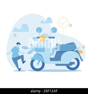 Menschen, die neue Motorräder kaufen. Erster Eindruck vom Anblick des neuen Motorrads. Vektorgrafik Stock Vektor