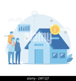 Familie, die ein Haus mit Hypothek kauft und Kredit an die Bank zahlt. Die Menschen investieren Geld in Immobilien. Hauskredit, Miete und Hypothekenkonzept. Flach c Stock Vektor