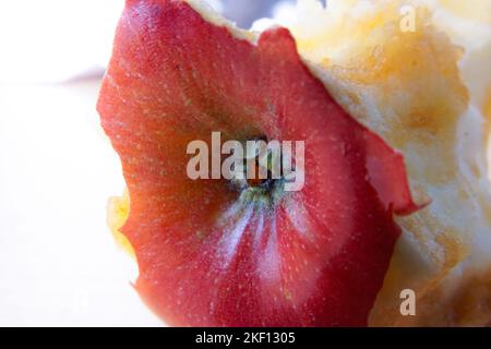 Glänzende Haut eines roten gefressenen Apfels, extreme Nahaufnahme des Kelches Stockfoto