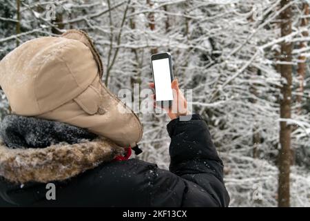 Frau mit dem Telefon in der Hand, Winter im Wald. Smartphone mit leerem Bildschirm in der Hand, Frau schaut auf den Bildschirm. Stockfoto