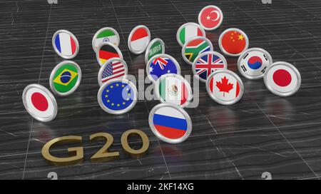 Flaggen G20 Mitgliedschaft , Konzept des Gipfels G20 oder des Treffens, G20 Länder, Gruppe von zwanzig Mitgliedern, 3D Illustration und 3D Arbeit Stockfoto