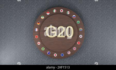 Flaggen G20 Mitgliedschaft , Konzept des Gipfels G20 oder des Treffens, G20 Länder, Gruppe von zwanzig Mitgliedern, 3D Illustration und 3D Arbeit Stockfoto