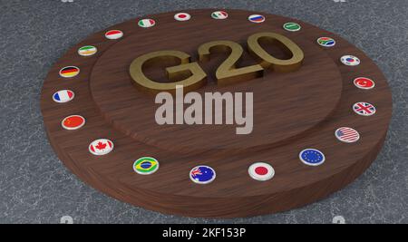 Flaggen G20 Mitgliedschaft , Konzept des Gipfels G20 oder des Treffens, G20 Länder, Gruppe von zwanzig Mitgliedern, 3D Illustration und 3D Arbeit Stockfoto