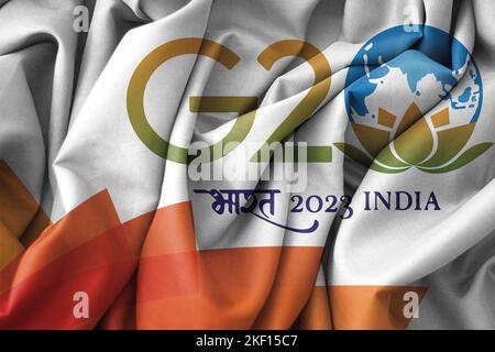 Stoffflagge G20 Indien, Flagge die Mitglieder der G20 sind, G20 Logo auf oranger Flagge mit Text, Copy Space, 3D Illustration und 3D Arbeit Stockfoto