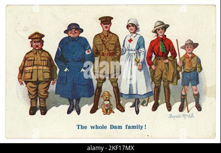 Original illustrierte Comic-Postkarte die ganze Dam-Familie. Zeigt, wie die ganze Familie ihren Beitrag für die Kriegsanstrengungen getan hat - die Männer sind Soldaten, die Jüngeren in der Kavallerie, das ältere Mädchen ist eine Krankenschwester mit rotem Kreuz und die Mutter ist eine Krankenwagenfahrerin, das Teenager-Mädchen ist ein Landmädchen, Während der Teenager in den Pfadfindern ist, hat sogar der Familienhund eine Rolle, sieht quizzisch aus und sammelt Geld für den Rotkreuzfonds. The Regent Publishing Co. London, datiert 1918 Stockfoto