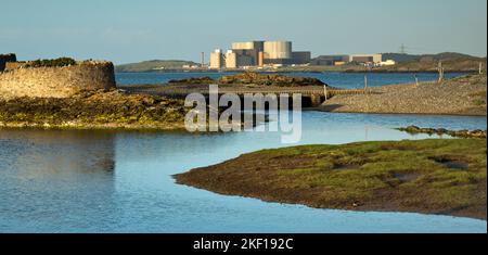 Das Kraftwerk Wylfa ist das einzige Kernkraftwerk in wales, das vom westlichen Ende der Cemlyn Bay an der Nordküste Isle of Anglesey, North Wales U, aus gesehen wird Stockfoto