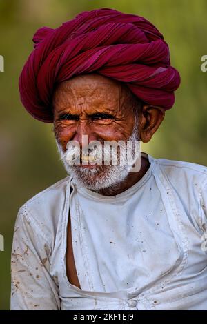 Ein Porträt eines alten lächelnden Mannes mit Falten und weißem Bart in Rajasthan, Indien Stockfoto