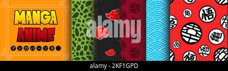 Japanische Sammlung von nahtlosen Mustern im orientalischen Stil. Manga Anime Grafikdesign Set. Ornamente, geometrische Formen und dekorative Elemente Stock Vektor