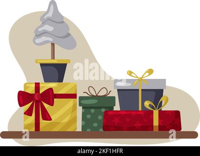 Christbaum mit Geschenken. Pinien für Grußkarte, Einladung, Banner, Web. Winterurlaub. Schöner Weihnachtsbaum mit Geschenken, Boho-Stil. Stock Vektor