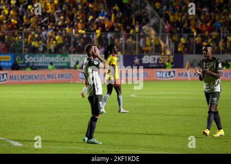 Quito, Ecuador - Ligapro Finale 2022 Aucas gegen Barcelona SC. Damian 'Kitu' Diaz, nachdem er im letzten Spiel einen Elfmeterschuss versagt hatte. BSC verliert am Ende. Stockfoto