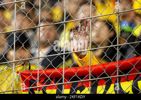 Quito, Ecuador - Ligapro Finale 2022 Aucas gegen Barcelona SC. Sportfans aus Barcelona geben sich während des Besuchsspiels des Meisterschaftsfinales das Geländer an Stockfoto