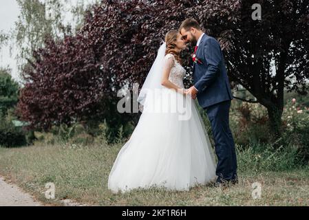 Glückliche junge Braut und Bräutigam an ihrem Hochzeitstag. Ein Hochzeitspaar ist ein neues Familienhochzeits-Kleid. Stockfoto