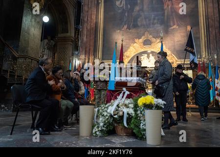 Lviv, Ukraine. 14.. November 2022. Eine Frau sah, wie sie vor der Familie dem Körper von Tseng Tribut zollte. Gedenkgottesdienst zu Ehren des taiwanesischen Kämpfers Jonathan Tseng in Lviv, Ukraine. (Foto von Ashley Chan/SOPA Images/Sipa USA) Quelle: SIPA USA/Alamy Live News Stockfoto