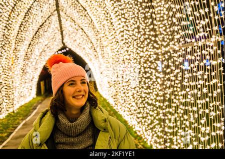 London, Großbritannien. 15.. November 2022. Die Weihnachtskathedrale - Weihnachten in Kew. Der „ursprüngliche festliche Lichtweg“ Großbritanniens wird zum zehnten Mal mit einer Vielzahl von saisonalen Favoriten und faszinierenden neuen Lichtinstallationen neu aufgesetzt. Ein Ausflug für Besucher jeden Alters, der von Mittwoch, 16. November 2022, bis Sonntag, 8. Januar 2023 stattfindet. Kredit: Guy Bell/Alamy Live Nachrichten Stockfoto