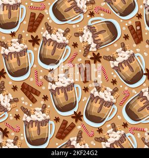 Nahtloses Weihnachtsmuster. Geschenkpapier für die Kaffeebar. Cappuccino- oder Frapuccino-Muster. Handgezeichnete Vektordarstellung. Wintergetränk mit Sahne Stock Vektor