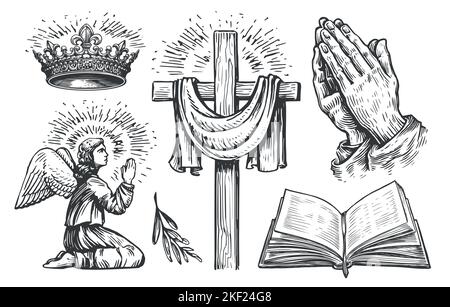 Christliches Kreuz, betender Engel, offene Bibel, Hände im Gebet, Krone des Königs Gottes. Religion Konzept, Symbole Stock Vektor