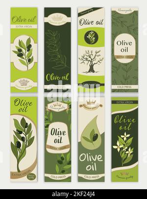 Set Vorlage von Etiketten oder Aufklebern für Flaschen oder Dosen aus Zinn oder Verpackung von pflanzlichem Olivenöl.traditionelle Retro-Grafik mit Blumen Oliven Blätter Stock Vektor