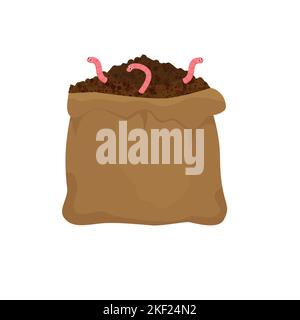 Erdhaufen mit Würmern und Leinenbeutel zur Illustration von Boden, organischem Dünger, Kompost, Landwirtschaft. Zero Waste-Thema. Farblich flaches Symbol, Wagen Stock Vektor