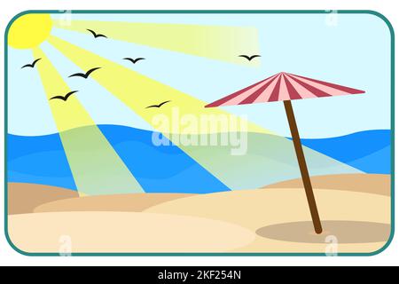 Vektor Cartoon-Stil Hintergrund der Küste. Guten sonnigen Tag. Liegestuhl und Sonnenschirm an der Sandküste. Stock Vektor