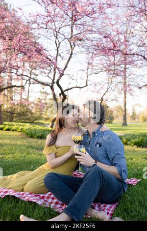 Ein Paar auf einer karierten Picknickdecke im Forest Park mit einer Flasche Wein und roten Knospenbäumen dahinter. Stockfoto