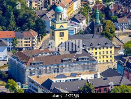 Luftaufnahme, Rathaus und Rathausturm, Baustelle mit Renovierung, Johanniskirche, Witten, Ruhrgebiet, Nordrhein-Westfalen, Deutschland, Wor Stockfoto