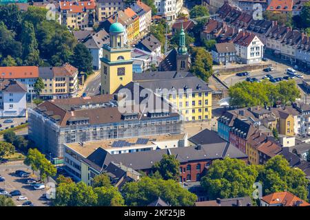 Luftaufnahme, Rathaus und Rathausturm, Baustelle mit Renovierung, Johanniskirche, Witten, Ruhrgebiet, Nordrhein-Westfalen, Deutschland, Wor Stockfoto