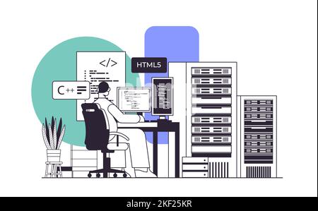 Web-Entwickler Erstellen von Programmcode auf Computer-Monitor-Bildschirm Entwicklung von Software und Programmierung Stock Vektor
