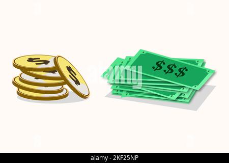 Geldbeutel flache Abbildung. Dollar und Goldmünzen Stapel. Symbol für Wohlstand und Bankwesen. Isoliert auf Weiß Stock Vektor