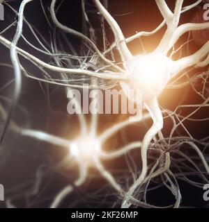 Mikroskopische Ansicht der Synapsen. Gehirnverbindungen. Neuronen und Synapsen. Kommunikation und Hirnstimulus. Neuronale Netzschaltung, degenerativ Stockfoto