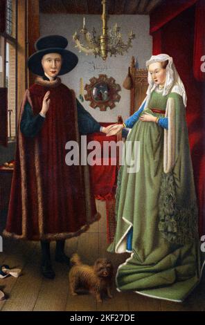 1430S ÖLGEMÄLDE VOM FLÄMISCHEN KÜNSTLER JAN VAN EYCK DAS ARNOLFINI HOCHZEITSPORTRÄT DES REICHEN ITALIENISCHEN KAUFMANNS UND SEINER FRAU & HUND - KA9372 HAR001 HARS ALTMODISCH Stockfoto