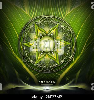 HERZ-CHAKRA (4. Chakra, Anahata) auf mystischem Hintergrund der Blume des Lebens. Es steht für: Akzeptanz, Liebe, Mitgefühl, Wahrhaftigkeit. Affirmation: „Ich LIEBE“ Stockfoto