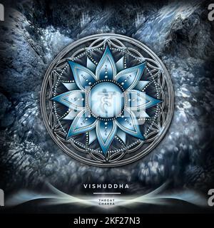 KEHLCHAKRA (5. Chakra, Vishuddha) auf mystischem Hintergrund der Blume des Lebens. Es steht für: Kommunikation, Ausdruck, Kreativität, Inspiration. Affirma Stockfoto