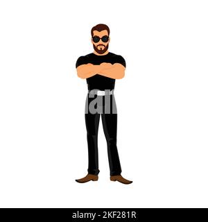 Bodyguard trägt schwarze Kleidung und Brille, Guardian isoliert Vektor Zeichnung. Polizeibeamter, Wachmann, Agent Stock Vektor
