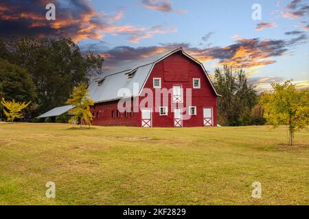 Schöne alte rot-weiße Scheune auf einem ruhigen Bauernhof auf dem Land Stockfoto