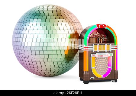 Retro-Party-Konzept. Vintage Jukebox mit Spiegel Disco Ball, 3D Rendering isoliert auf weißem Hintergrund Stockfoto