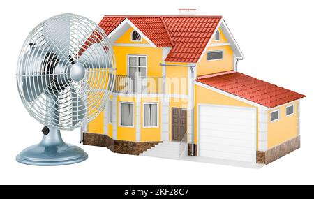 Tischventilator mit Home, 3D Rendering isoliert auf weißem Hintergrund Stockfoto